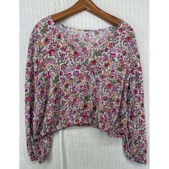 Loft Womens Blouse Sz L Pink Cropped Elastic Waist Long-Slv Cottage Ditzy Floral - Picture 4 of 9
